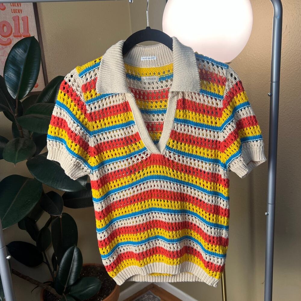MOTHER Playing The Field Cotton Crochet Collared Short Sleeve Pullover M